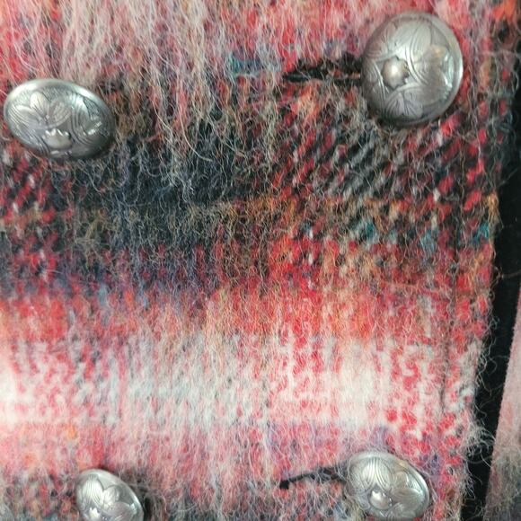 Free People Size EST S Red Wool Jacket Plaid Military Black Velvet Trim - Picture 5 of 15
